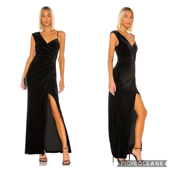 NEW BCBGMAXAZRIA SIZE XL VELVET STRETCH STUDDED ASYMMETRICAL STRAP SLIT DRESS - Picture 3 of 4